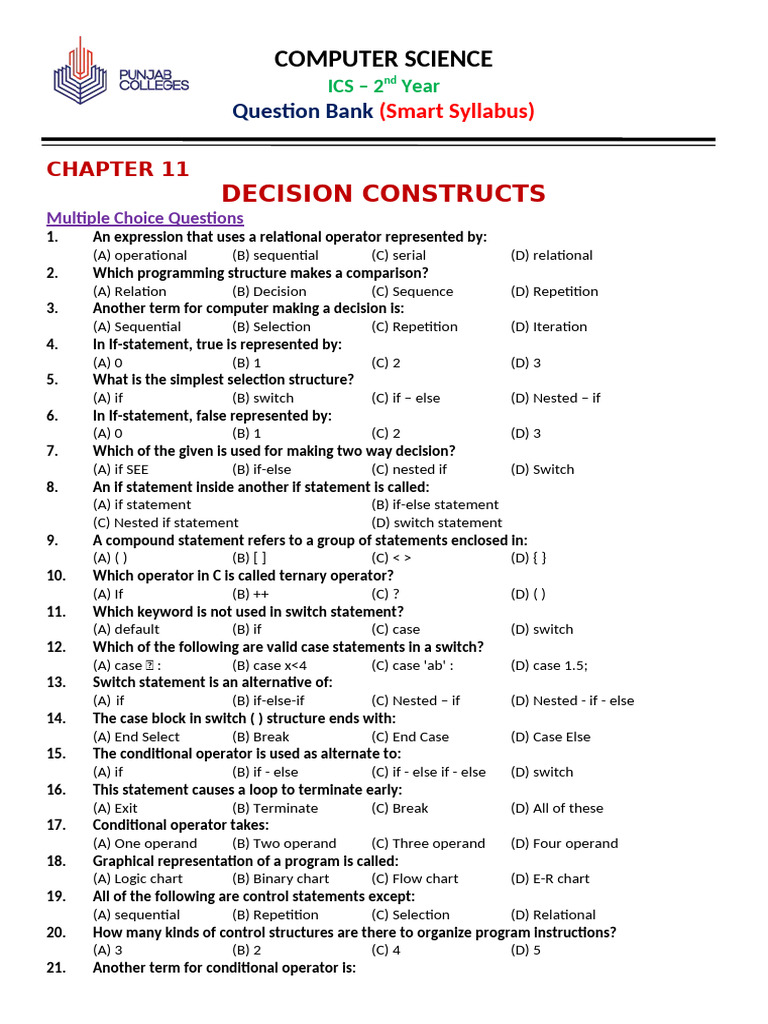 2nd Year Computer Chapter 11 Decision Constructs QB | PDF | Computer ...
