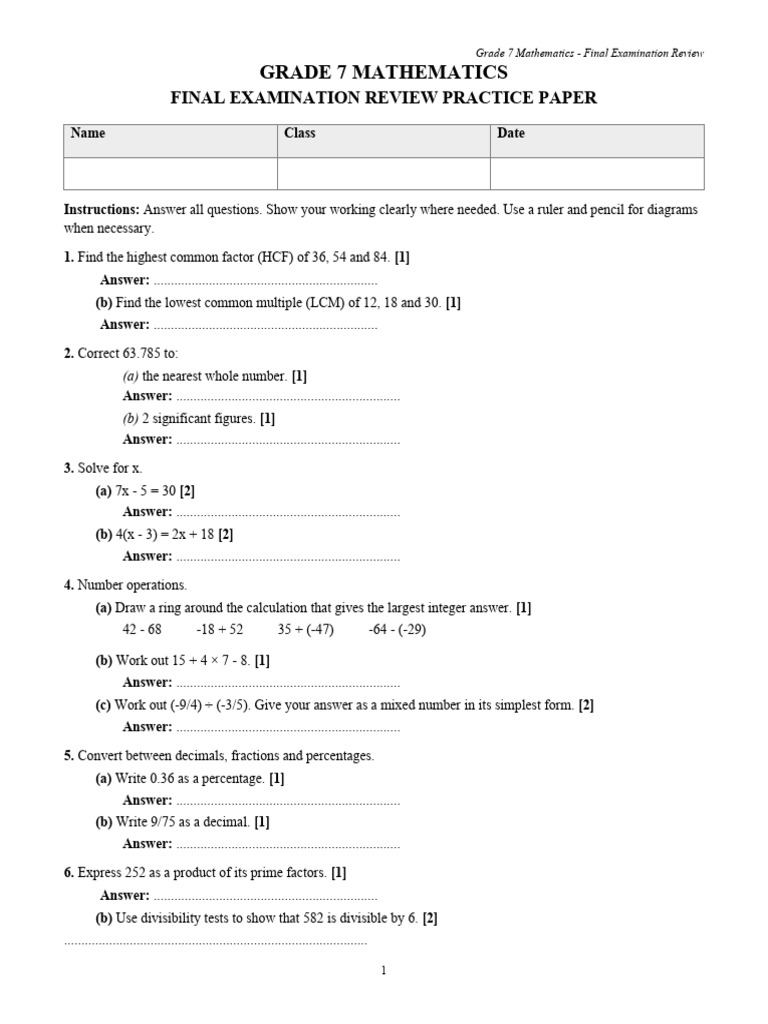 Grade 7 Final Exam Review Practice Paper | PDF | Mathematics | Number ...