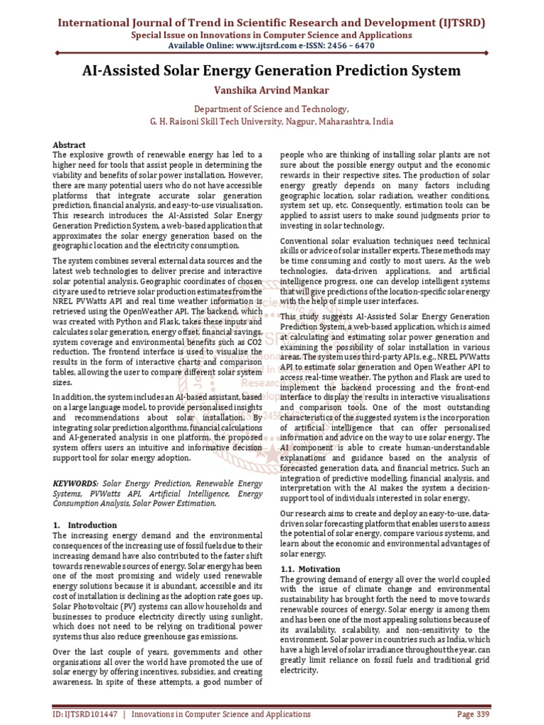 AI Assisted Solar Energy Generation Prediction System | PDF | Solar ...