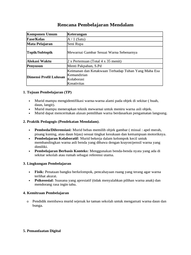 Rencana Pembelajaran Mendalam Seni Rupa 1.2.2 Kelas 1 2026 | PDF