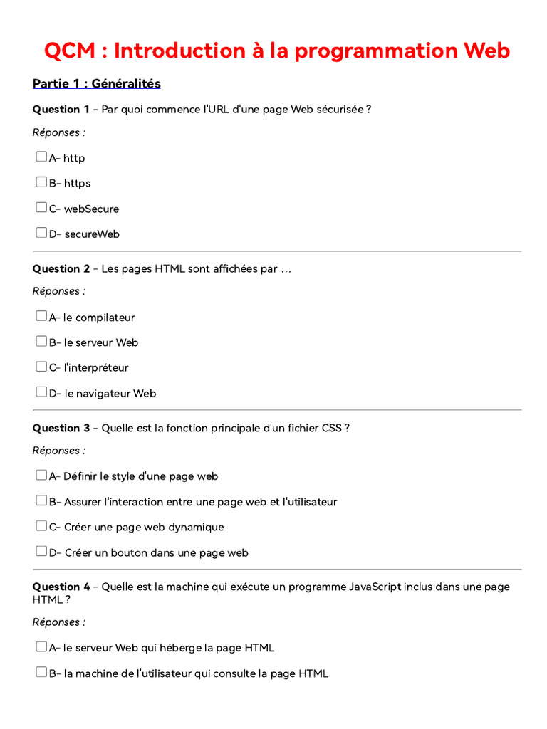 QCM Programmation Web | PDF | Internet | Internet et Web