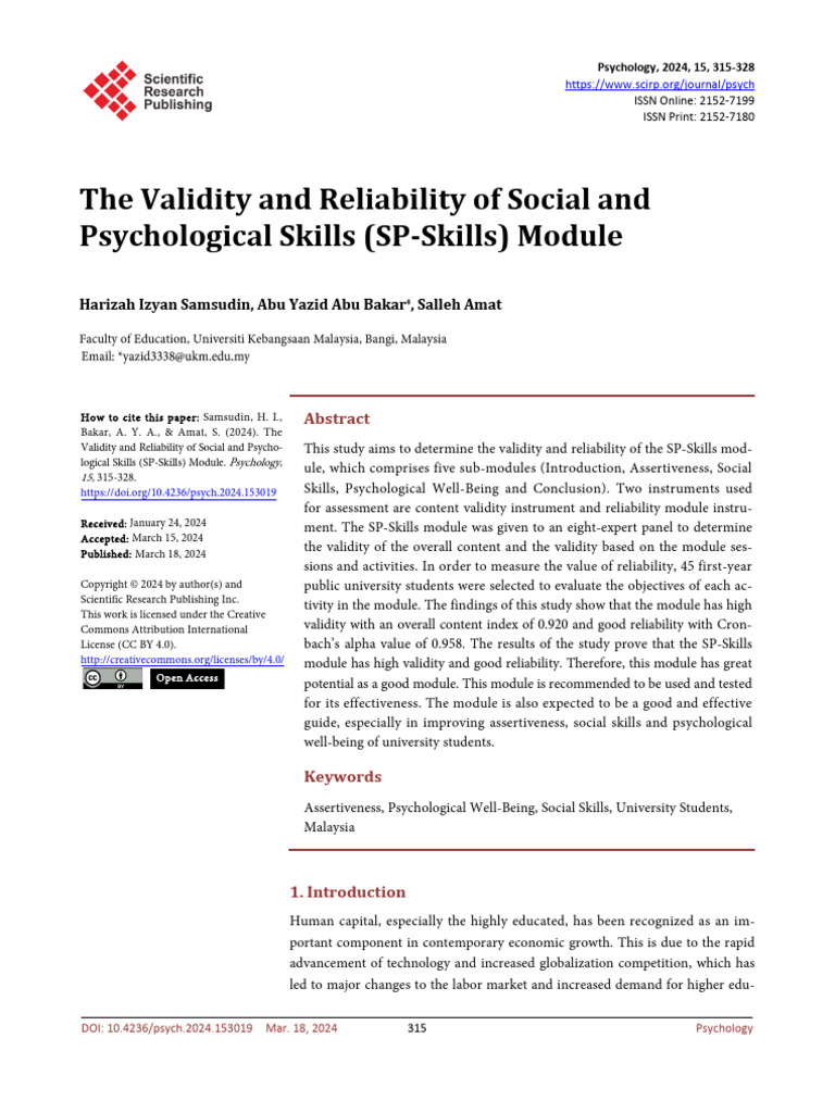 The Validity and Reliability of Social and Psychological Skills (SP ...