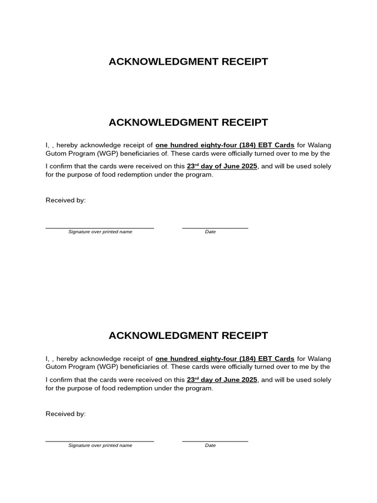 Acknowledgment Receipt (Cards) | PDF