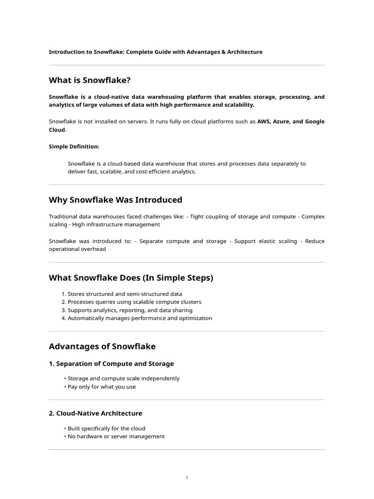 Introduction to Snowflake – Advantages & Architecture | PDF | Cloud ...