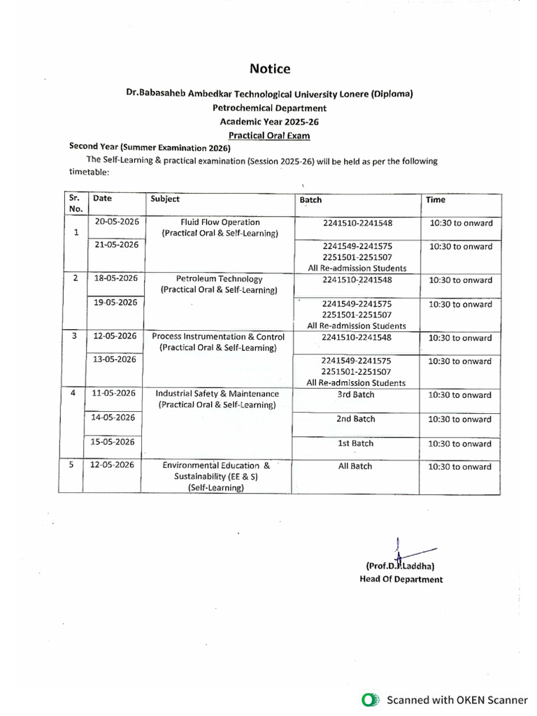 Practical Oral Timetable Summer 2026 | PDF