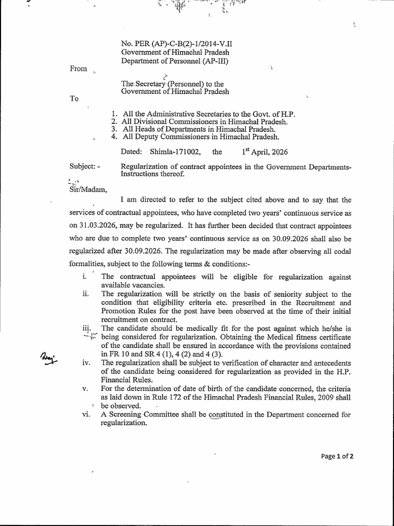 Regularisation of Contract Appointees 2026-27 | PDF