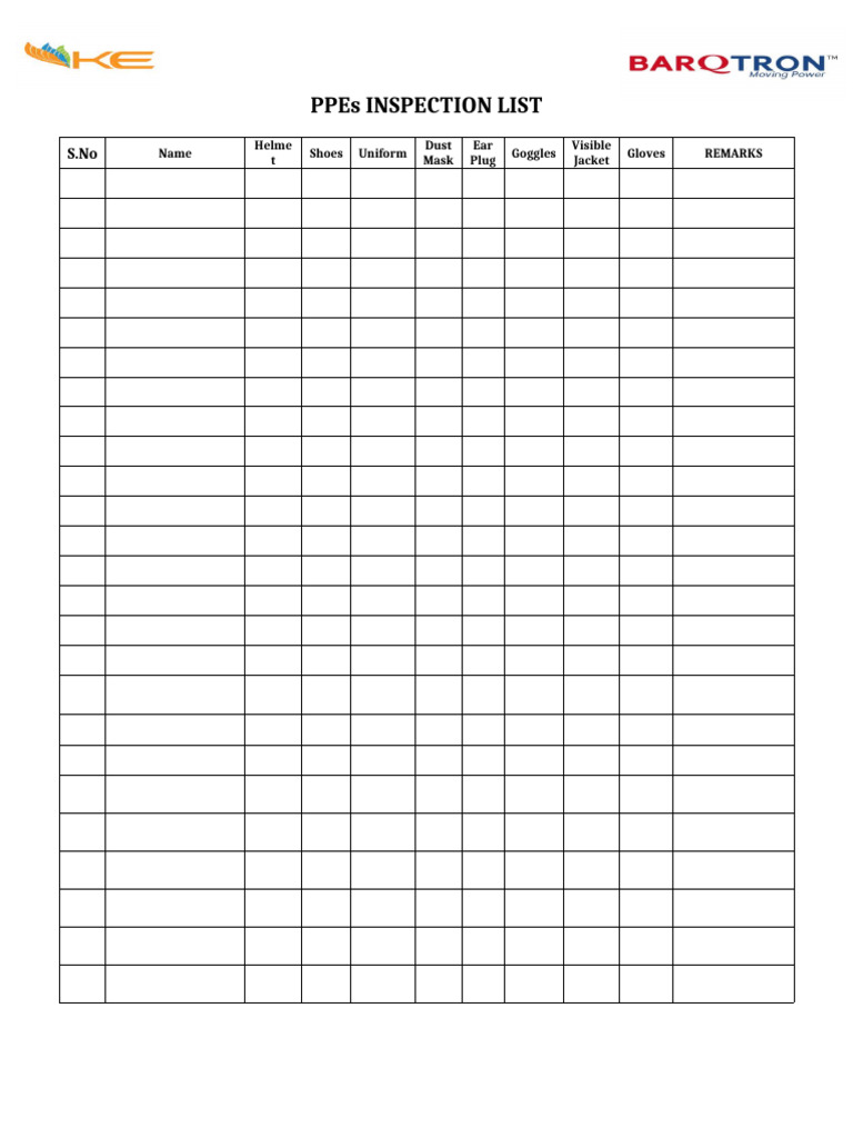 PPE's Inspection List Format | PDF