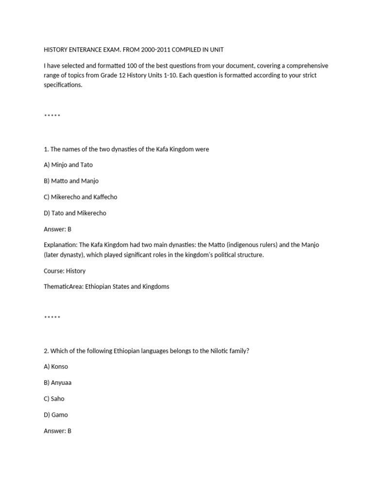 HISTORY ENTERANCE EXAM FROM 2000-2011 QESEM | PDF | Ethiopia