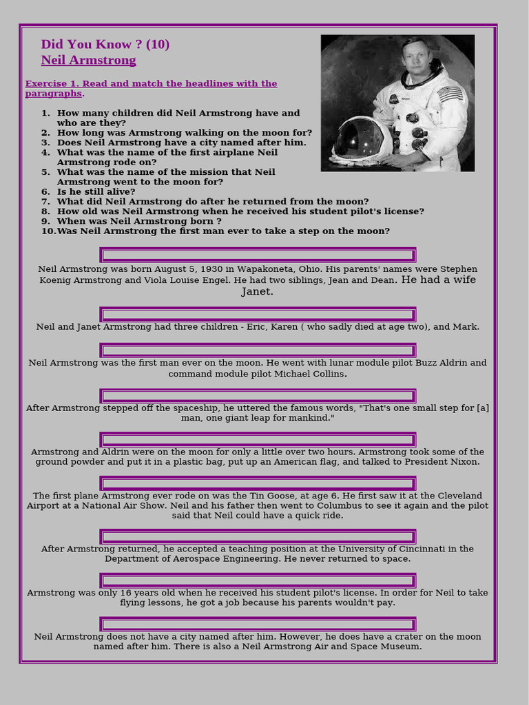 Reading Did You Know 10 Neil Armstrong | PDF | Neil Armstrong | Flight