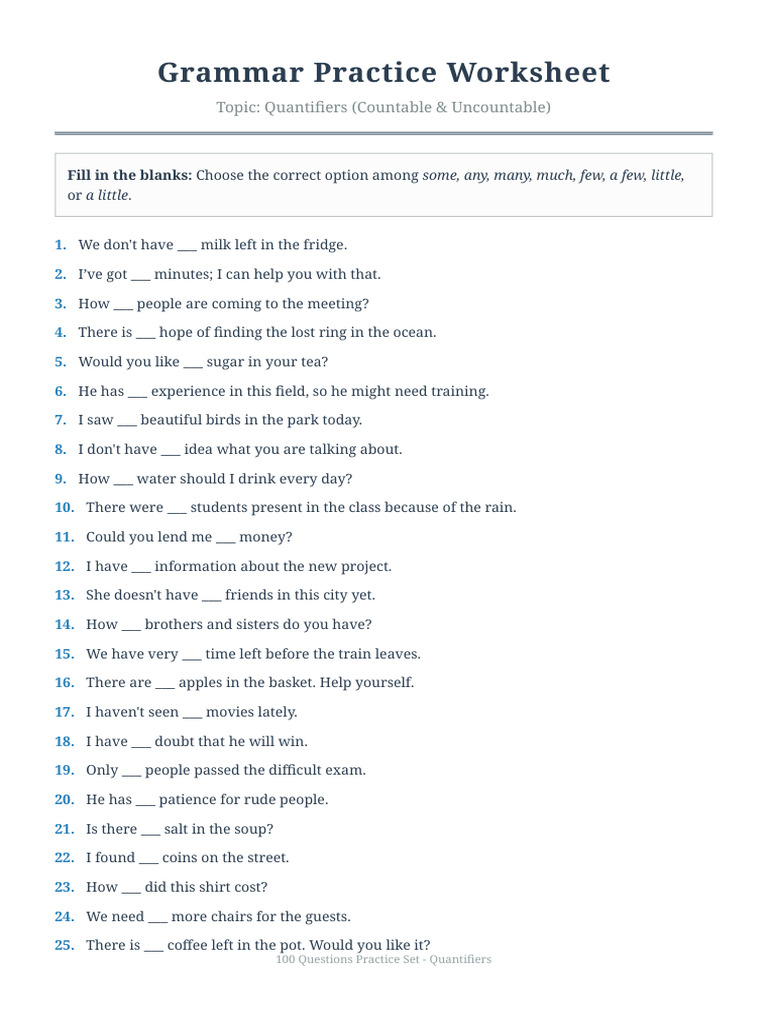 Quantifiers Practice 100 v2 | PDF