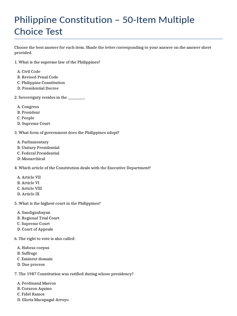 Philippine_Constitution_Test_Complete | PDF | Presidents Of The United ...