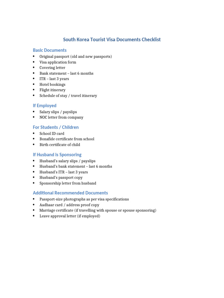 South Korea Visa Documents Checklist | PDF