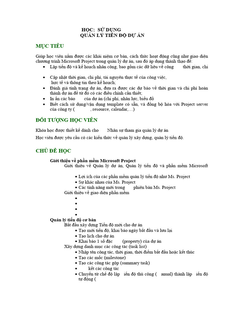 Content Outline for Ms Project Course (2 Days) Tieng Viet | PDF