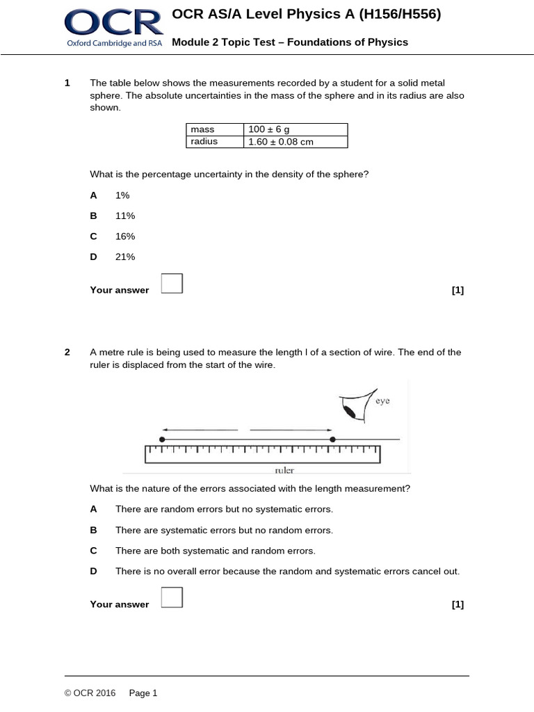 GCE A_AS Level Physics A Topic Test - Foundations of Physics | PDF ...