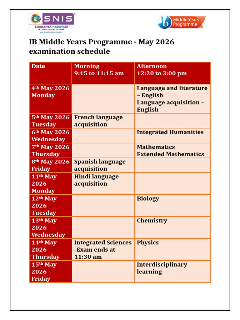 IB MYP 5 Exam Schedule M 2026 | PDF