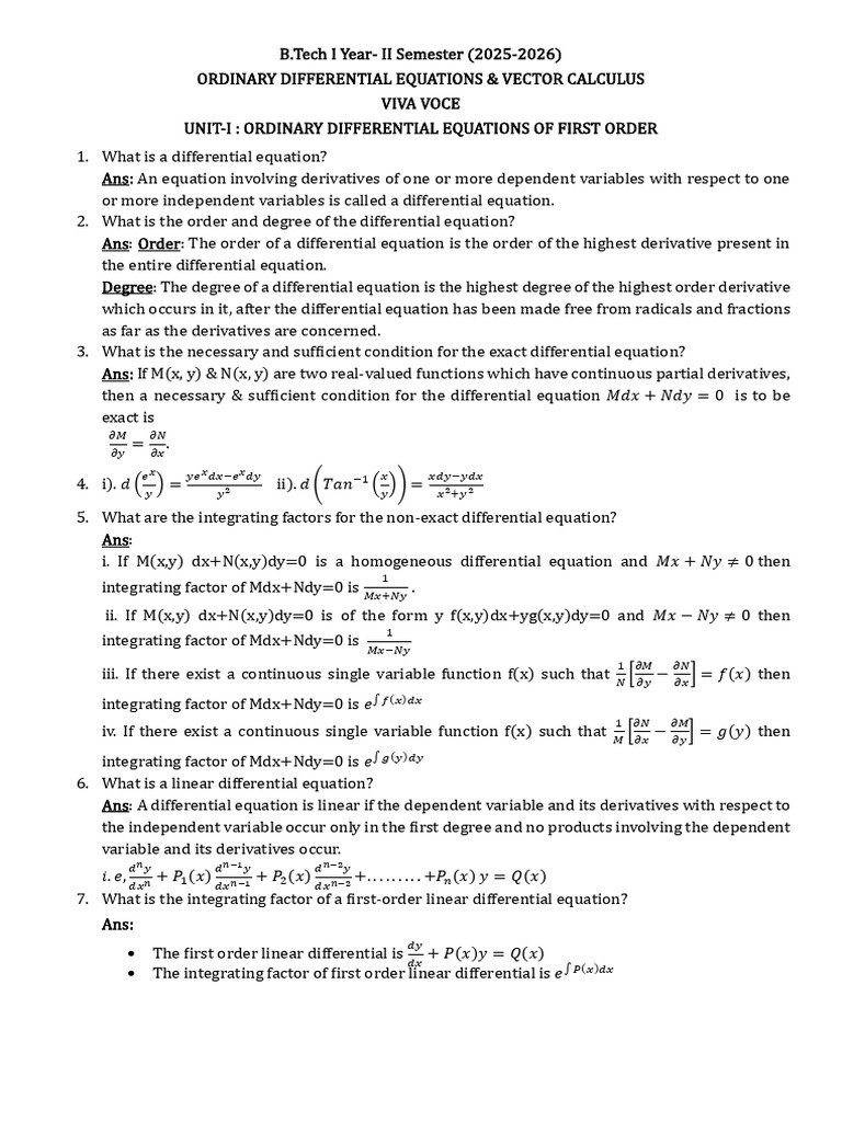 Viva Voce Ordinary Differential Equations & Vector Calculus | PDF ...