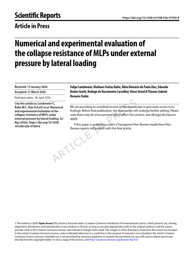 Numeriacl and experimental evaluationof the collapse resistance of MLPs ...