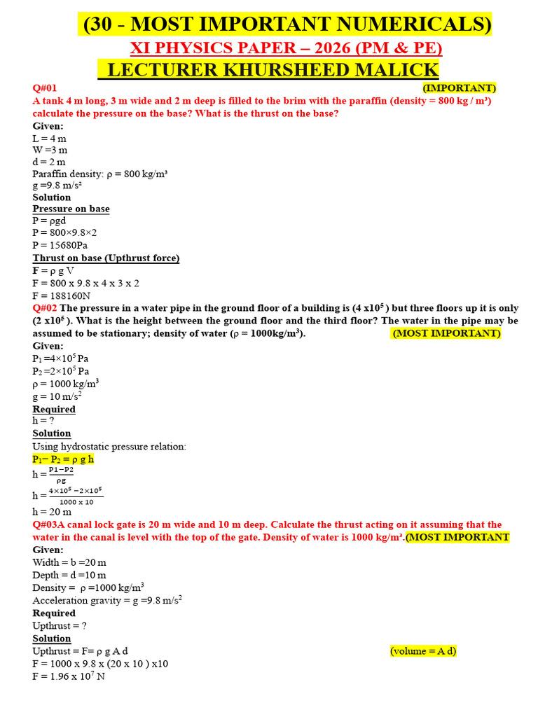 30- Xl Physics Most Imp Numericals | PDF | Buoyancy | Force