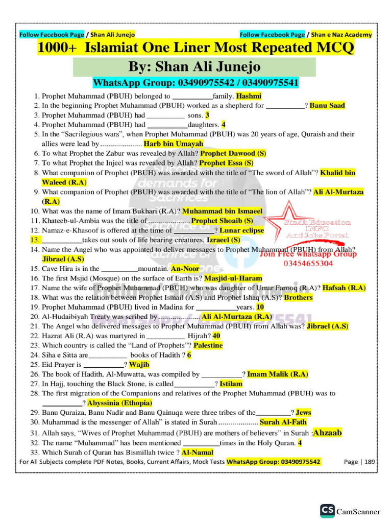 Islamiat One Liner Sample Notes for All Competitive | PDF
