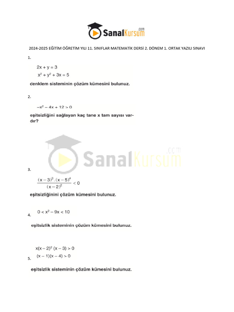 Sinif Matematik 2. Donem 1. Ornek Yazili Sorulari | PDF