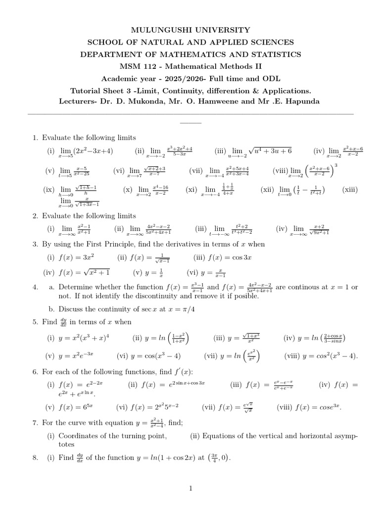 MSM 112 - Limits& Differentiation - 2026-T3 | PDF | Area | Sphere