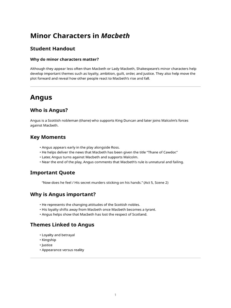 Macbeth Minor Characters Handout | PDF | Macbeth