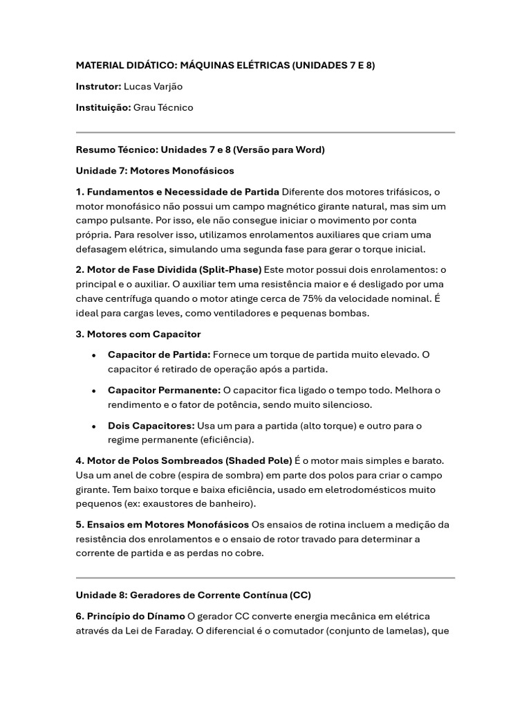 Resumo Das Unidades 7 e 8 - Apostila Senai de Máq. Elet. | PDF | Motor ...