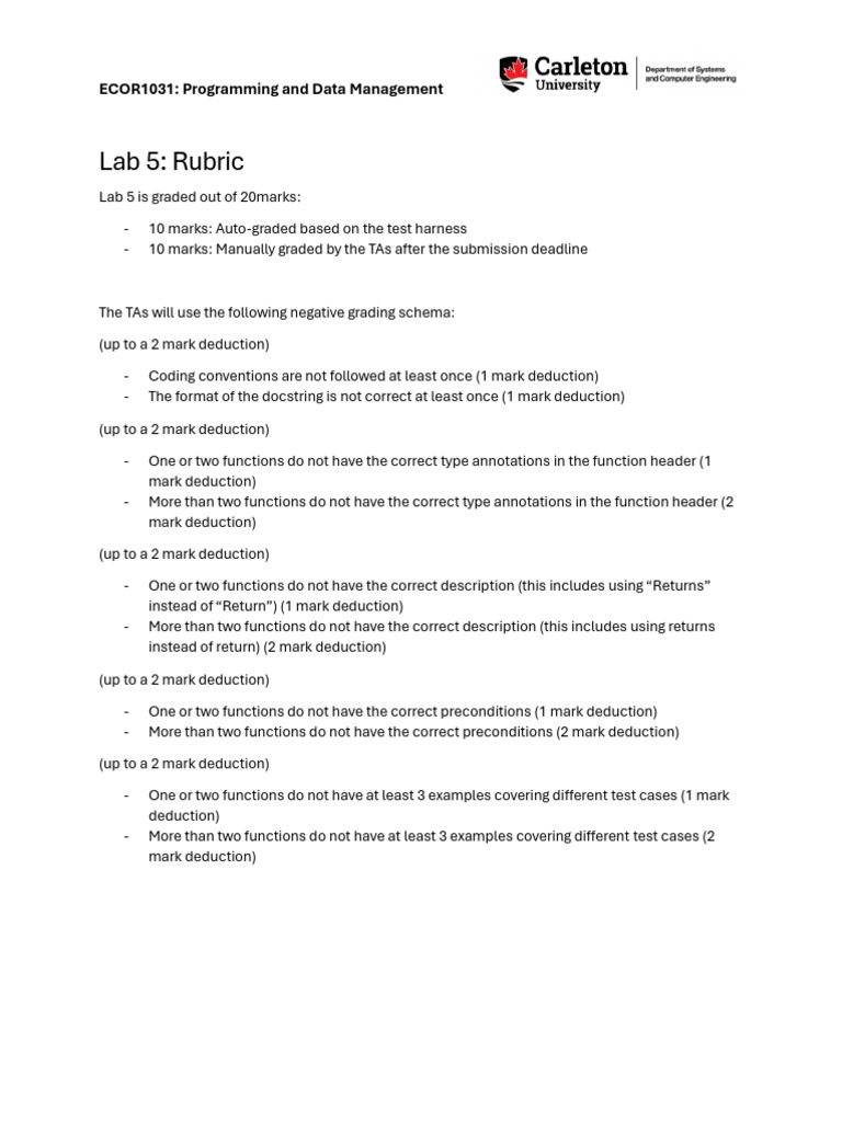 ECOR1031 Lab05 Manual Grading Rubric | PDF