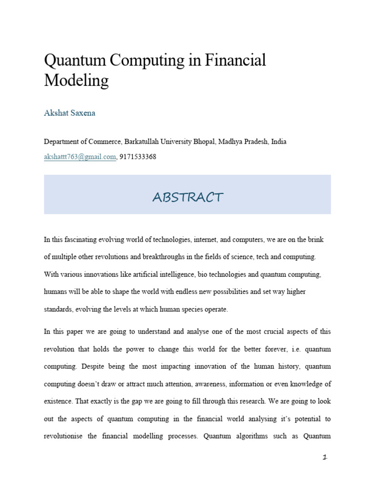 Research Paper Quantum Computing in Financial Modelling | PDF | Quantum ...