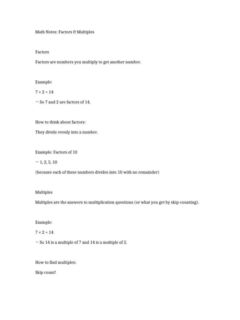 Math Notes Factors and Multiples | PDF