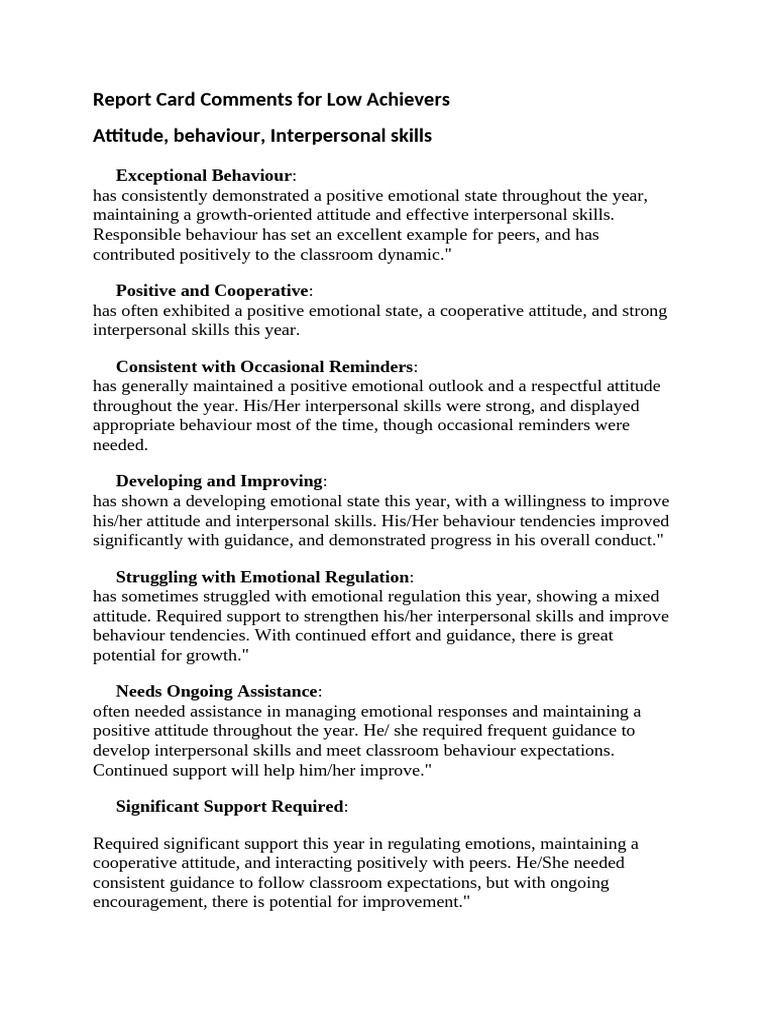 Report Card Comments For Low Achievers 2 | PDF | Social Skills ...
