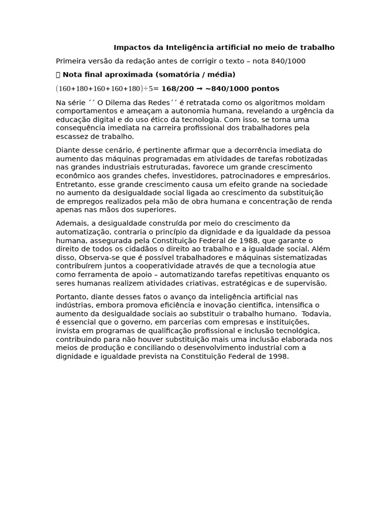Impactos Da Inteligência Artificial No Meio de Trabalho - Redação Enem ...