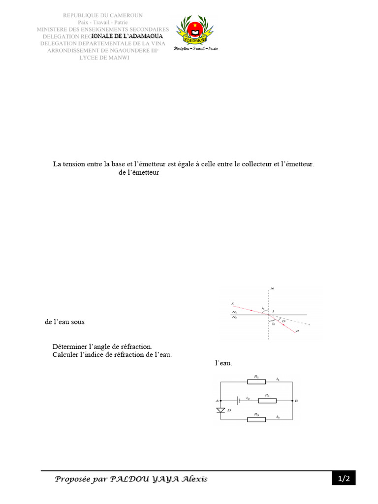 Eprv de Physique 2nd C seq 5 (lyc Manwi) | PDF