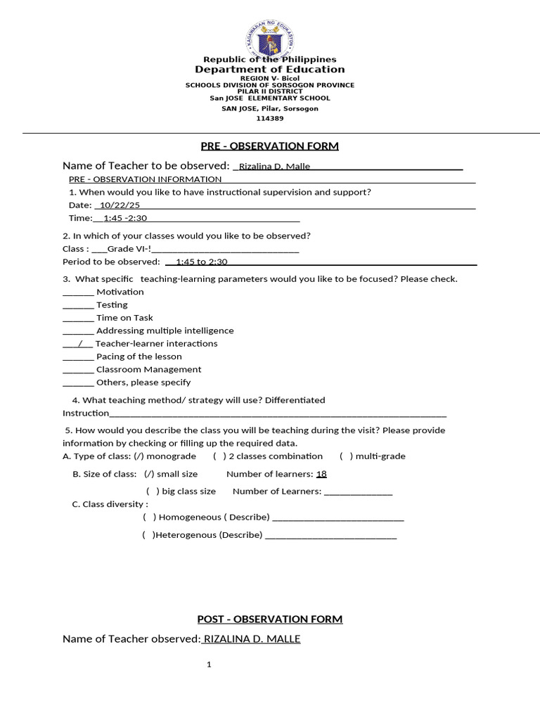 Observation Form-PRE & POST | PDF | Learning | Teachers
