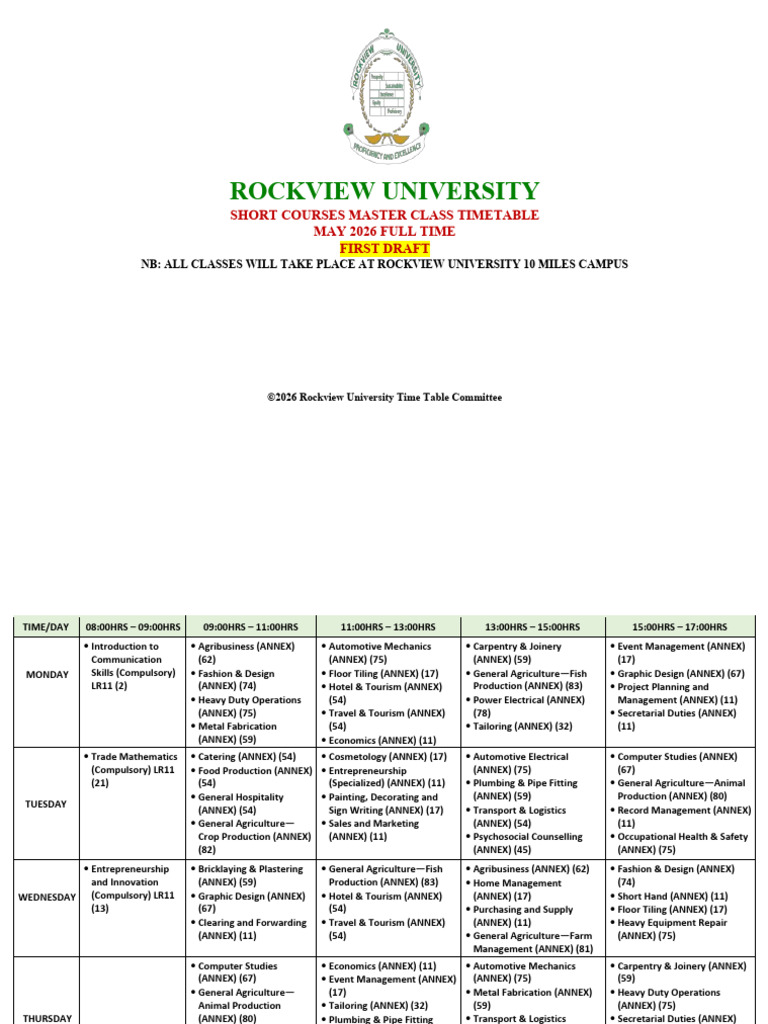 May 2026 - Full Time Short Courses Class Timetable - First Draft | PDF ...