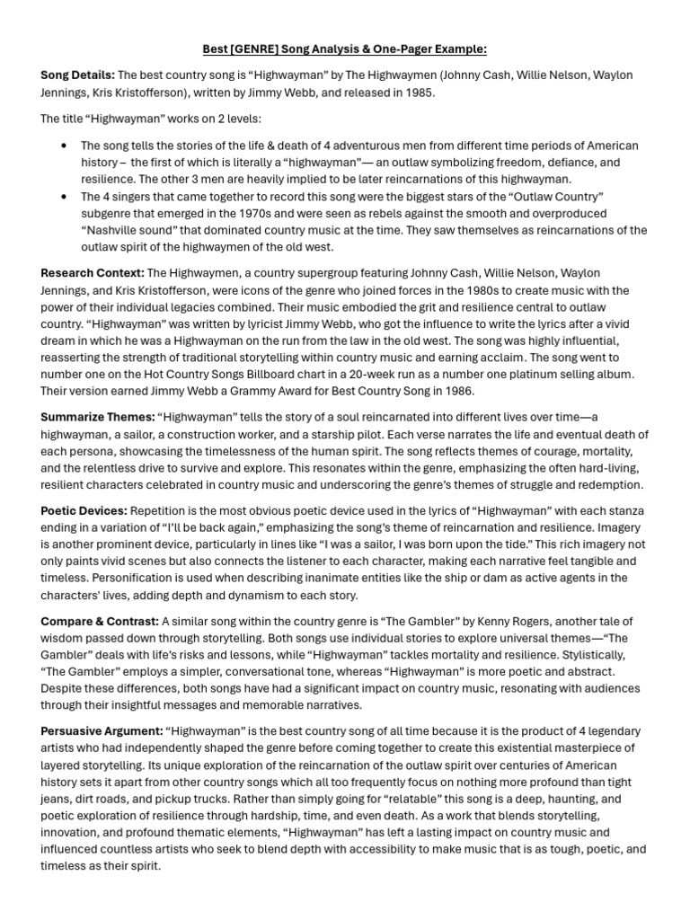 Best [GENRE] Song Analysis & One-Pager Example | PDF