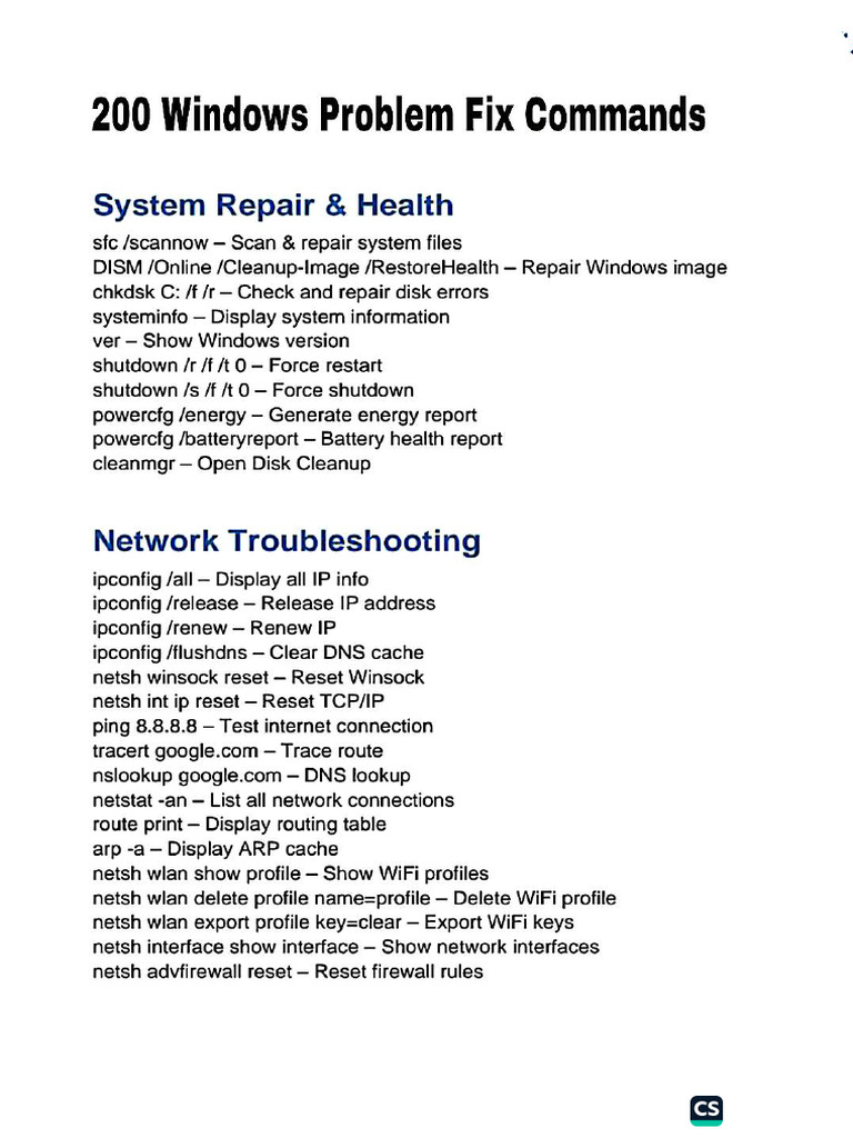 200 Windows Problem Fix Commands | PDF