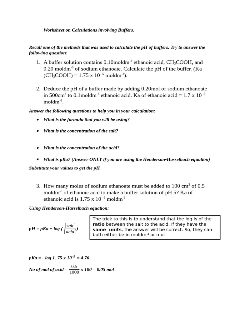 Worksheet On Calculations Involving Buffers | PDF | Buffer Solution | Ph