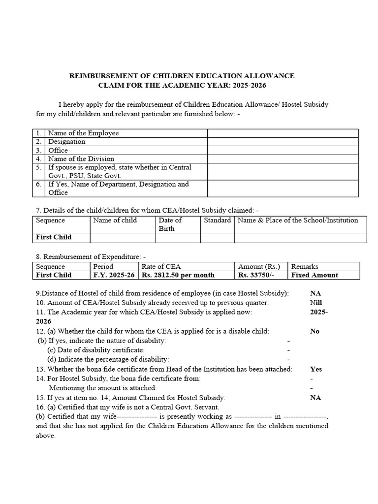 Cea Form 1 Child 2026 | PDF