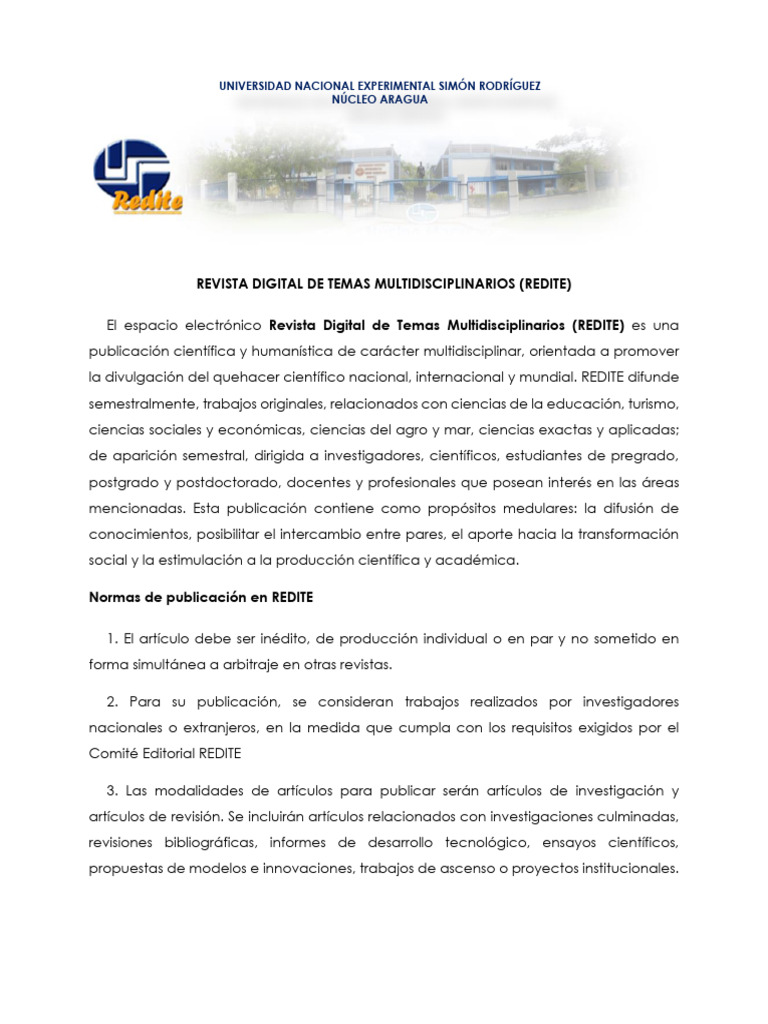 Normas de Publicación en REDITE - UNESR Núcleo Aragua | PDF | Sumario ...