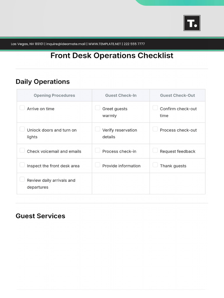 Front Desk Operations Checklist Template | PDF