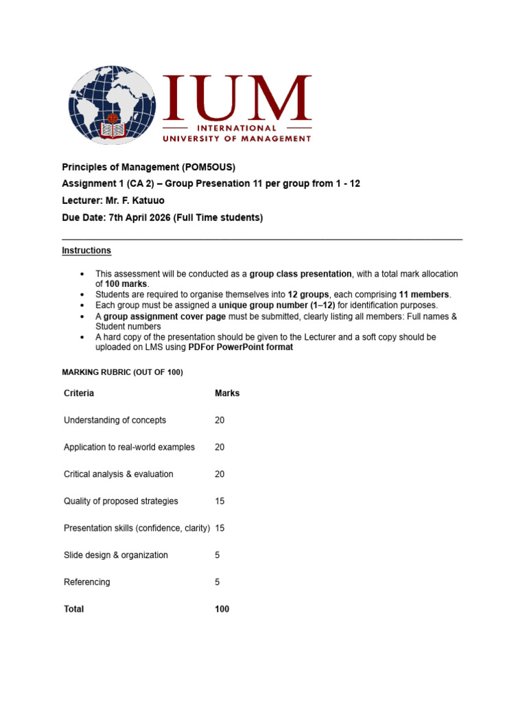 POM5OUS Class Presentation Assignment 1 CA 2 Year 2026 Full Time | PDF