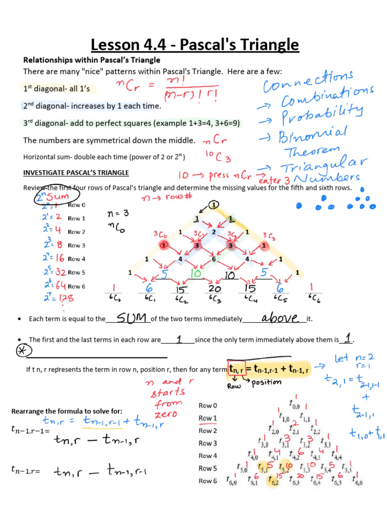 MDM- 4.4 Pascal's Triangle New-Teacher Notes.pdf | PDF | Triangle ...