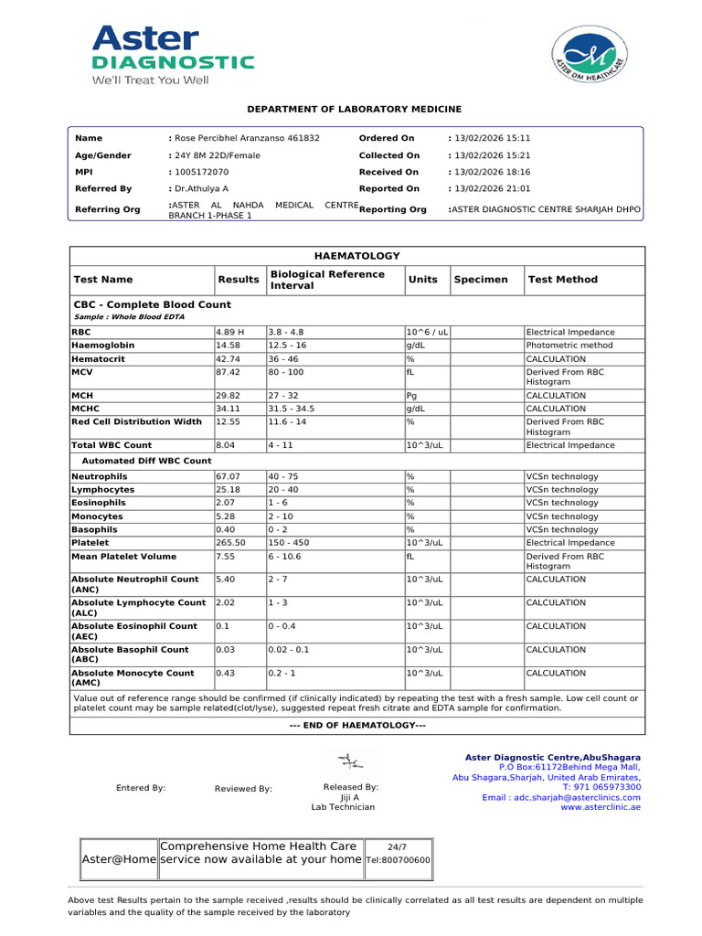 lab_report_28502830_20260213090958 | PDF | White Blood Cell | Medical Tests