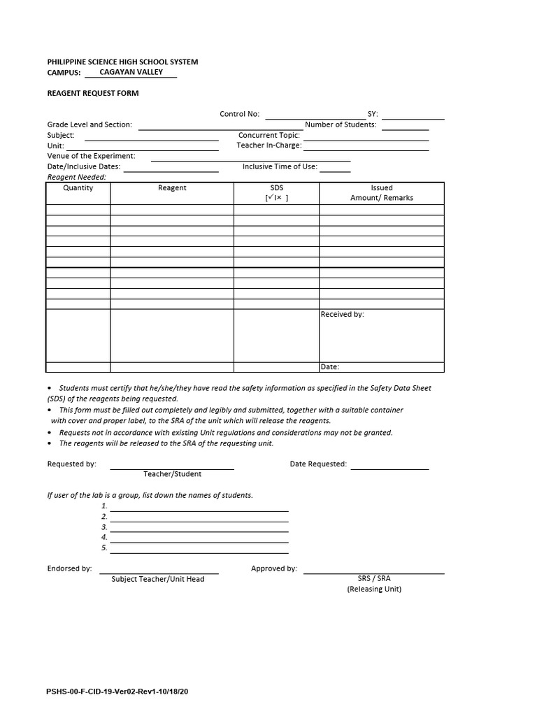 PSHS 00 F CID 19 Ver02 Rev1 Regeant Request Form | PDF