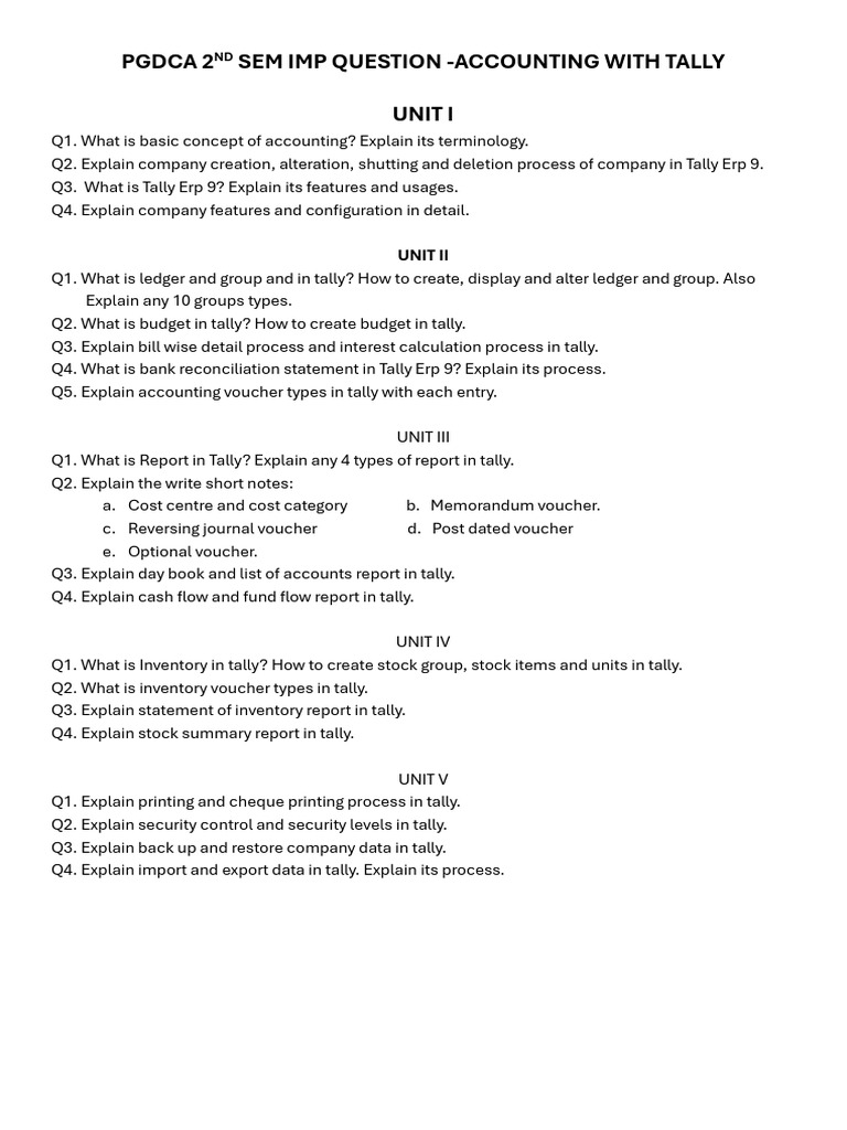 Pgdca 2nd Sem Imp Question Tally Exam | PDF