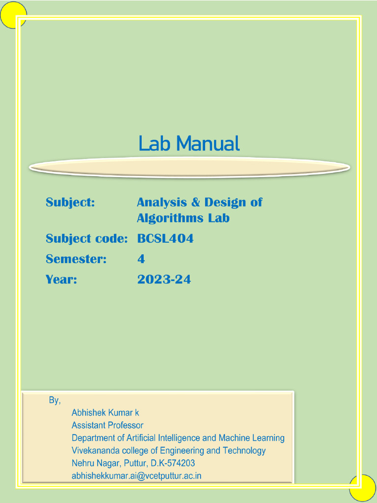ADA Lab Manual BCSL404 SEM 4 AIML 2022 Abhishek Kumar | PDF