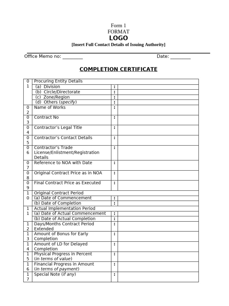 Form 1 - Completion Certificate Format | PDF | Joint Venture | Business