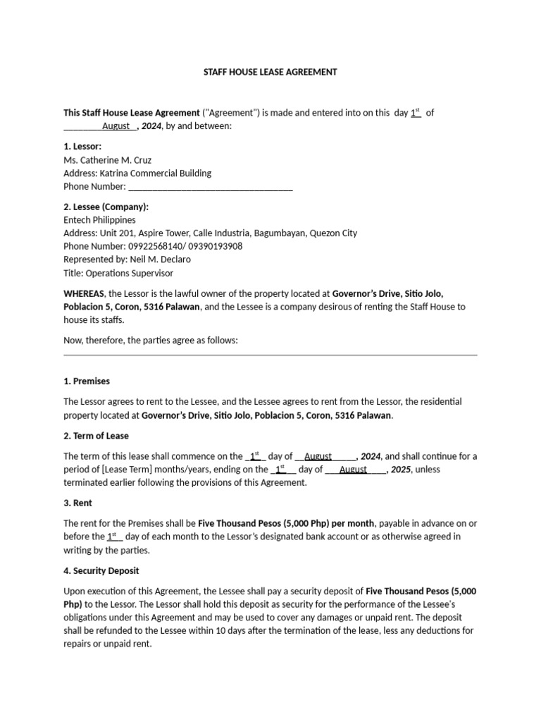 Staff House Lease Agreement - Coron | PDF | Lease | Common Law