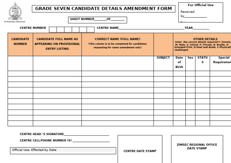 Grade Seven Candidate Details Amendment FORM | PDF